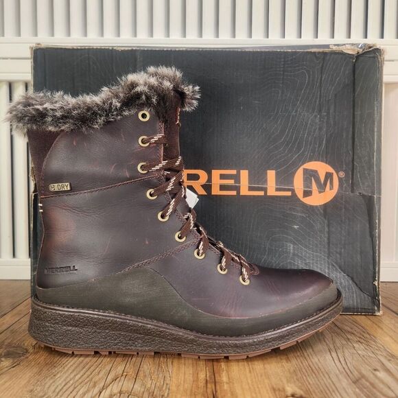 Merrell Tremblant Ezra Lace WP Ice+ Women Sz 7 Brown Leather Vibram Winter Boots - Picture 1 of 12